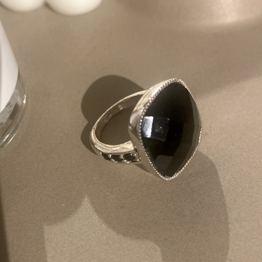 Silver Black Faceted Stone Statement Ring - image 3